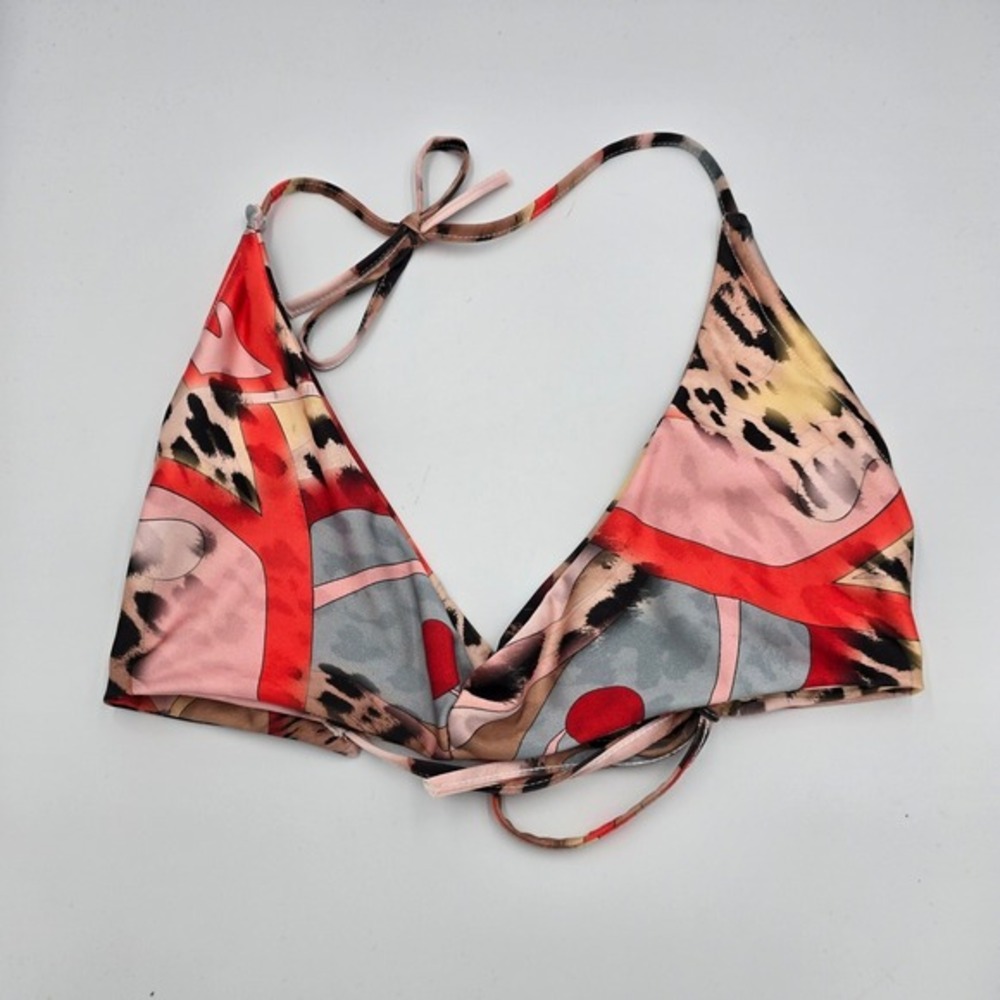 EGO Abstract Print Bikini Top Halter Tie String Leopard Accents US 6